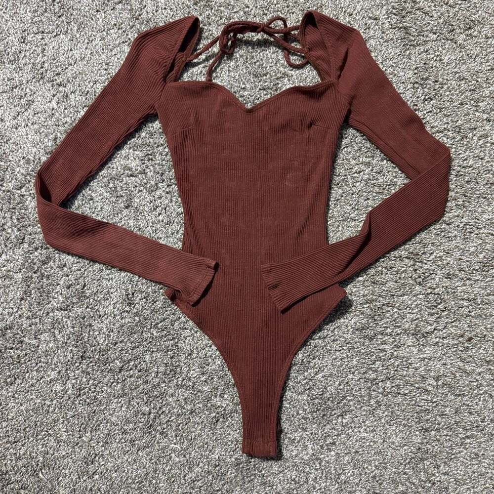 Lulus Brownish Red Ribbed Long Sleeve Bodysuit - Sweetheart Neck - Size S